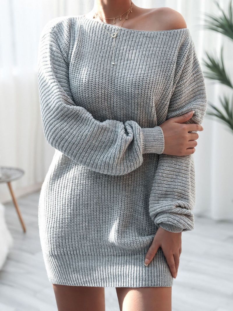 Rib Knit Balloon Sleeve Boat Neck Sweater Dress Forever Modish